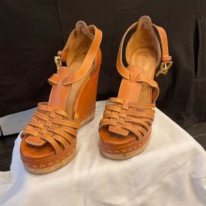 Chloe Tan Leather Platform Cork Wedge Sandals Size 37.